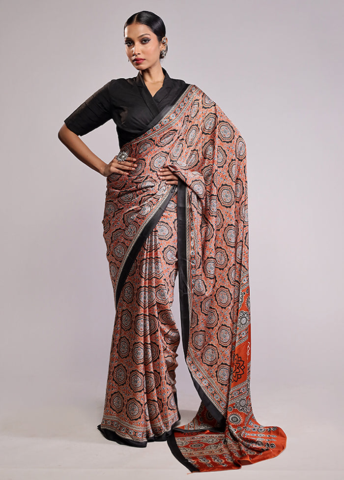 Brown Printed Silk Saree Without Blouse Piece