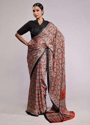 Brown Printed Silk Saree Without Blouse Piece