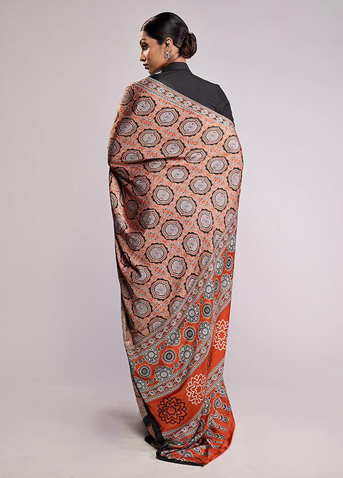 Brown Printed Silk Saree Without Blouse Piece