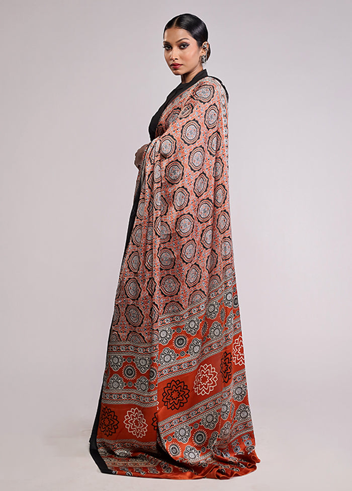 Brown Printed Silk Saree Without Blouse Piece