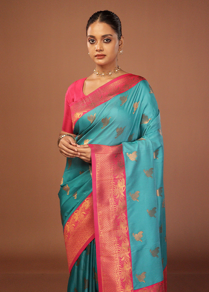Blue Dupion Silk Saree With Blouse Piece
