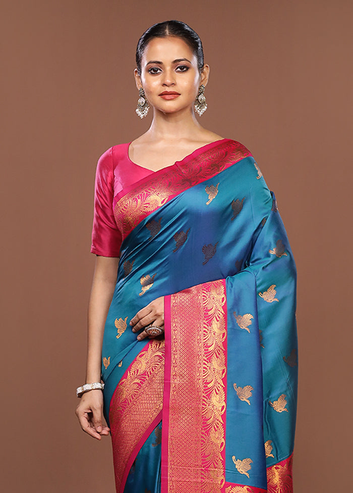 Blue Dupion Silk Saree With Blouse Piece