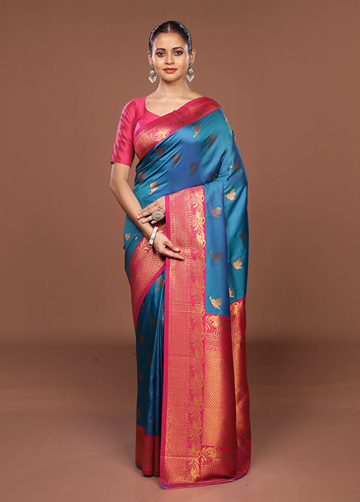 Blue Dupion Silk Saree With Blouse Piece