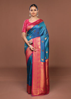 Blue Dupion Silk Saree With Blouse Piece