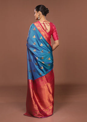 Blue Dupion Silk Saree With Blouse Piece
