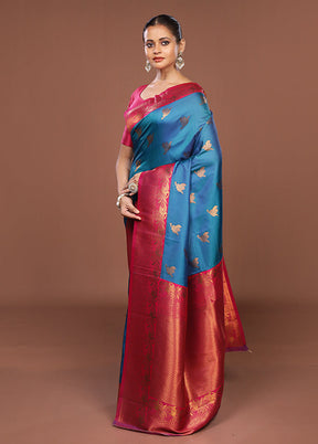 Blue Dupion Silk Saree With Blouse Piece