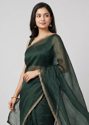 Green Crushed Tissue Saree With Blouse Piece