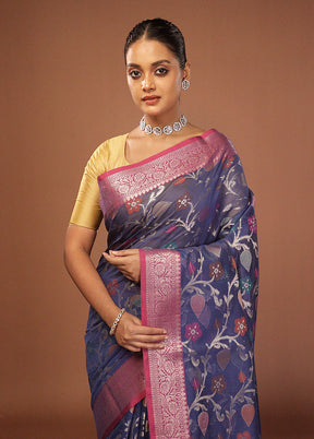 Blue Kora Silk Saree With Blouse Piece