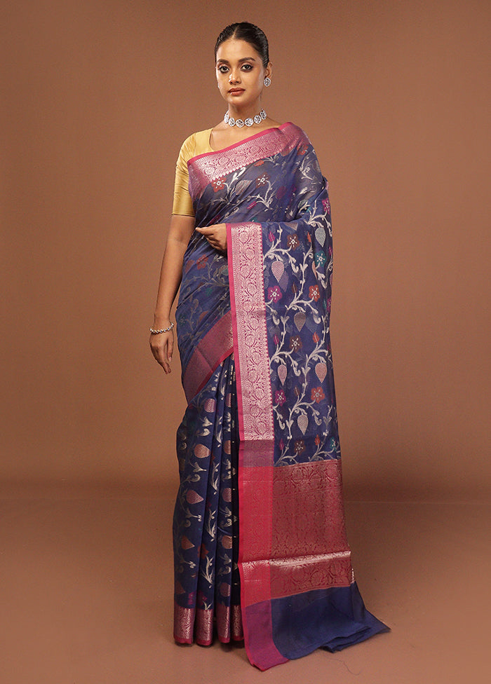Blue Kora Silk Saree With Blouse Piece