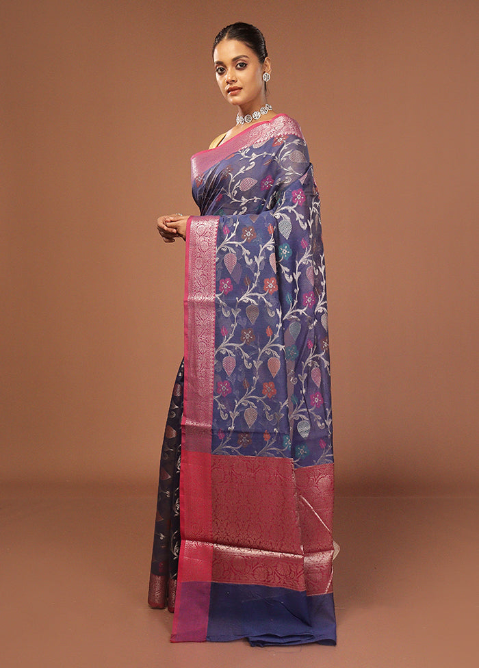 Blue Kora Silk Saree With Blouse Piece