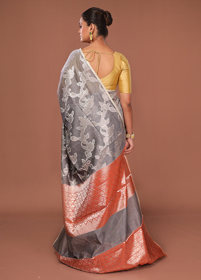 Grey Kora Silk Saree With Blouse Piece