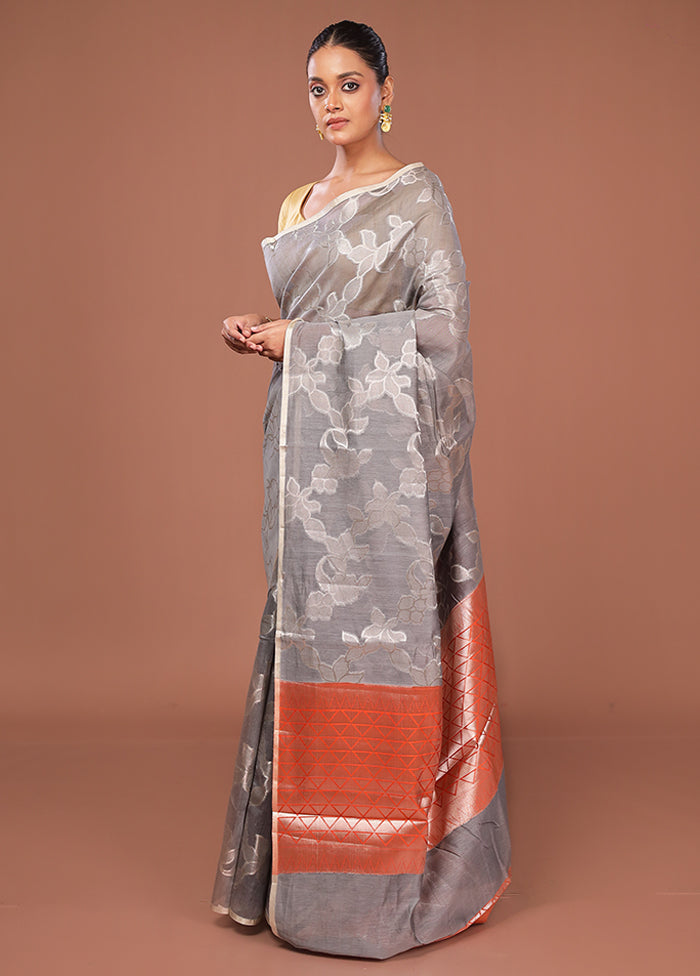 Grey Kora Silk Saree With Blouse Piece