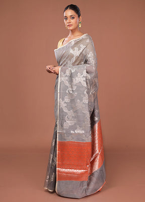 Grey Kora Silk Saree With Blouse Piece