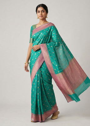 Green Dupion Silk Saree With Blouse Piece
