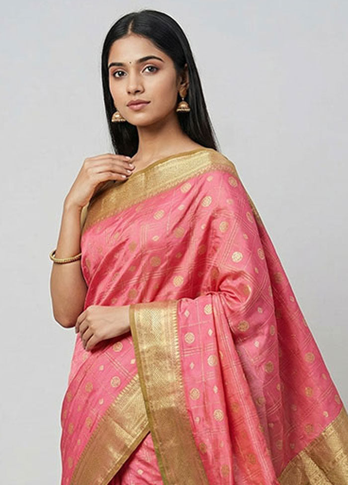 Pink Dupion Silk Saree With Blouse Piece