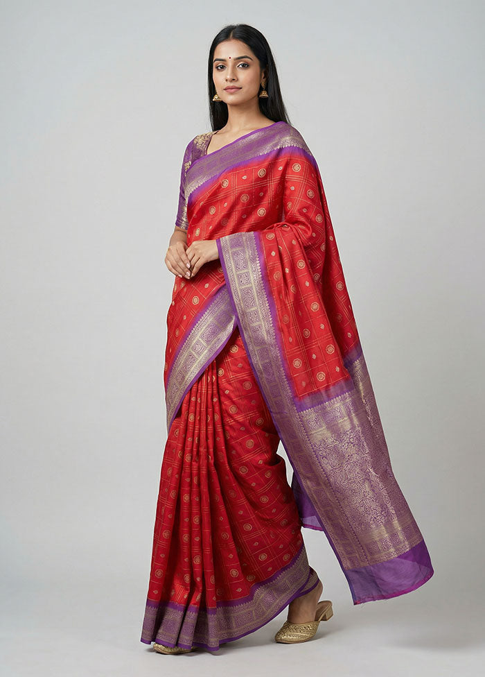 Red Dupion Silk Saree With Blouse Piece