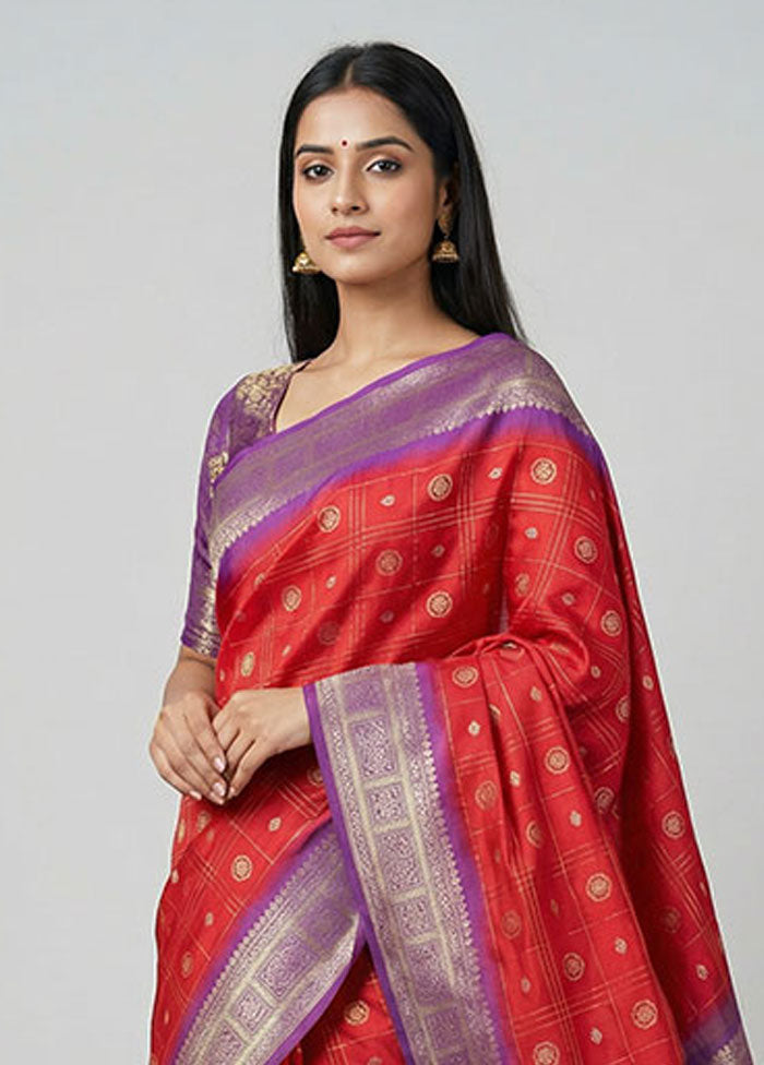 Red Dupion Silk Saree With Blouse Piece