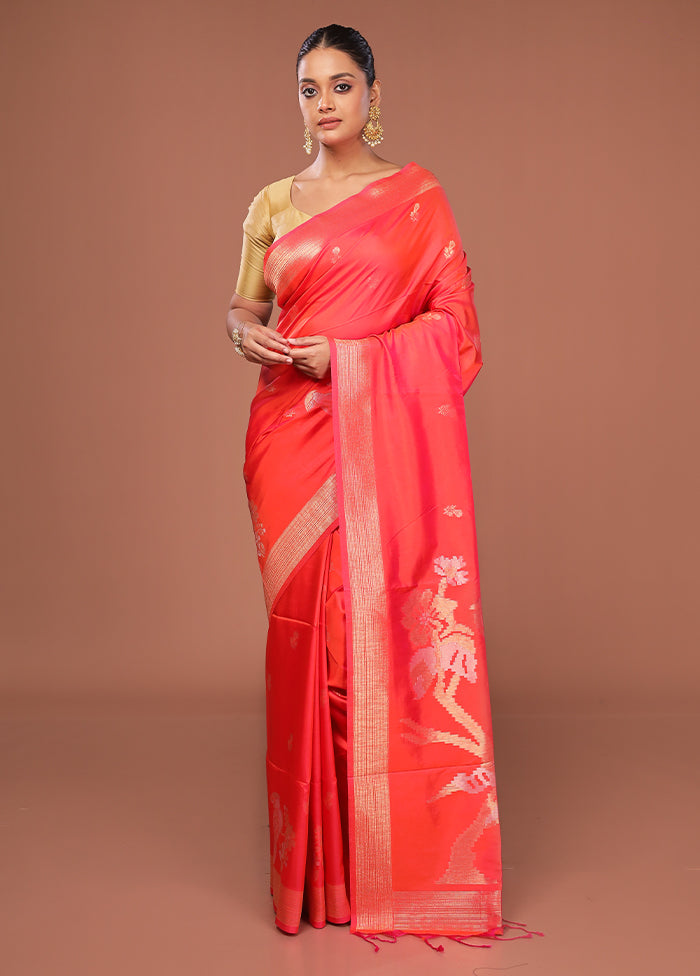 Red Dupion Silk Saree With Blouse Piece