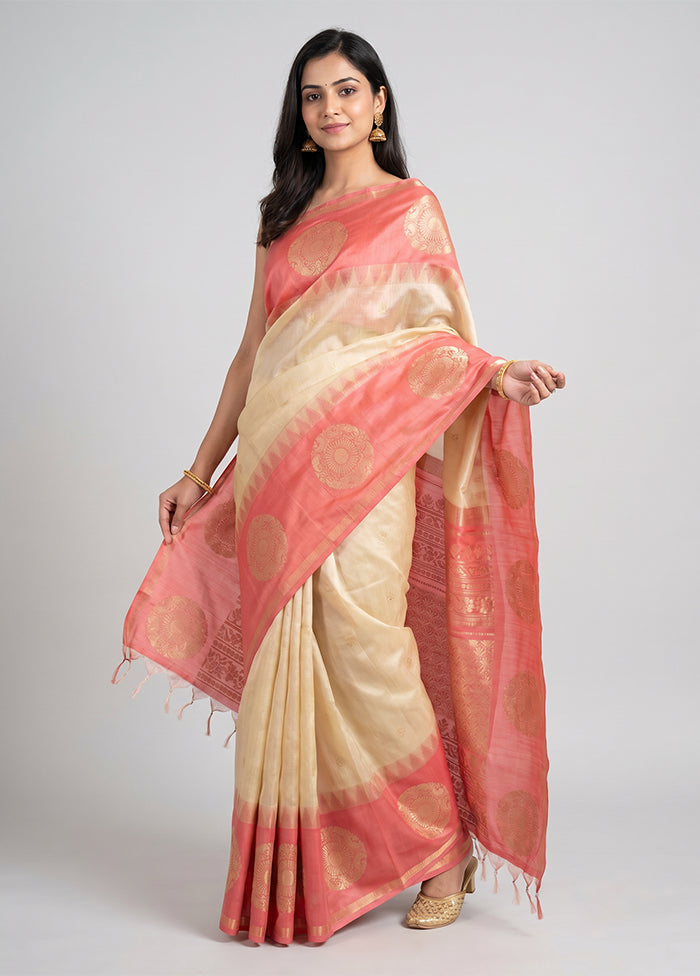 Cream Dupion Silk Saree With Blouse Piece