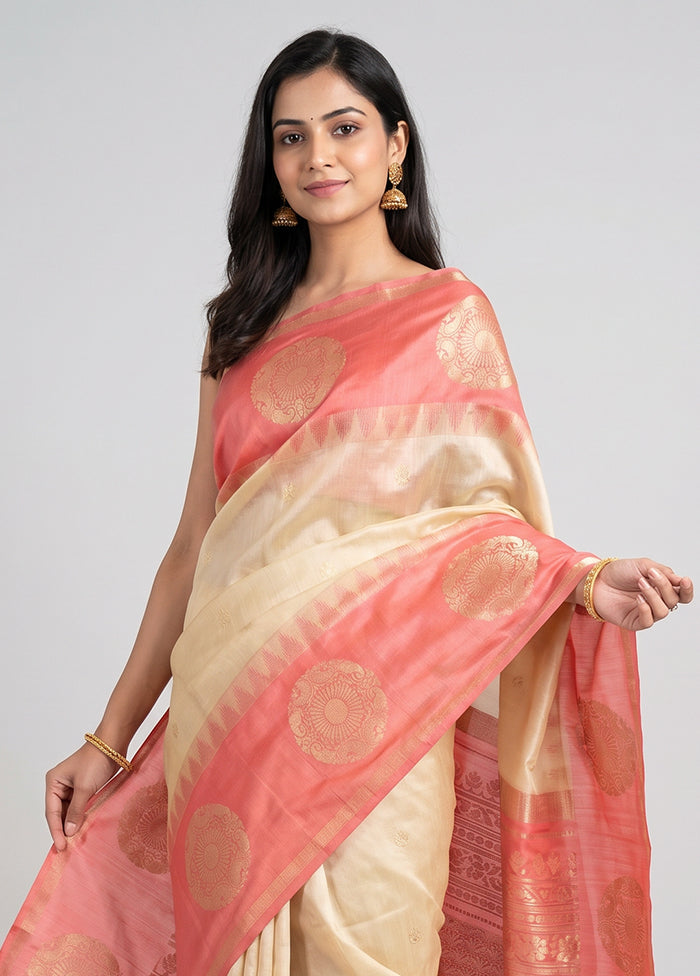 Cream Dupion Silk Saree With Blouse Piece