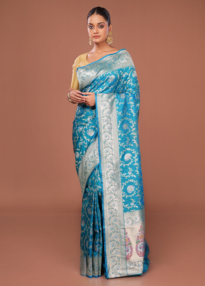 Blue Katan Silk Saree With Blouse Piece