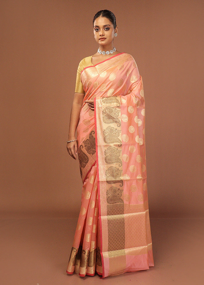 Peach Kora Silk Saree With Blouse Piece