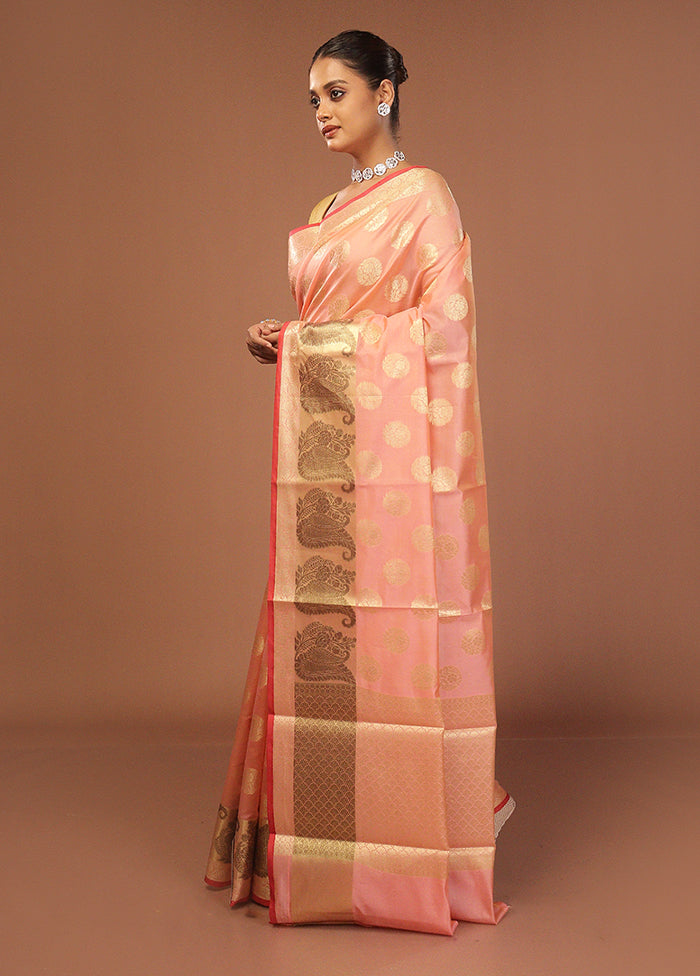 Peach Kora Silk Saree With Blouse Piece