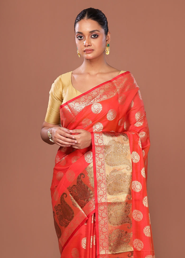 Red Kora Silk Saree With Blouse Piece