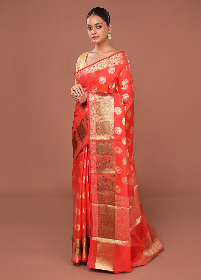 Red Kora Silk Saree With Blouse Piece