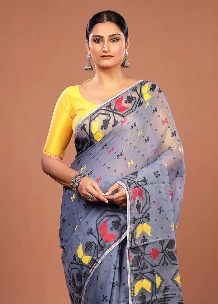 Blue Jamdani Cotton Saree Without Blouse Piece