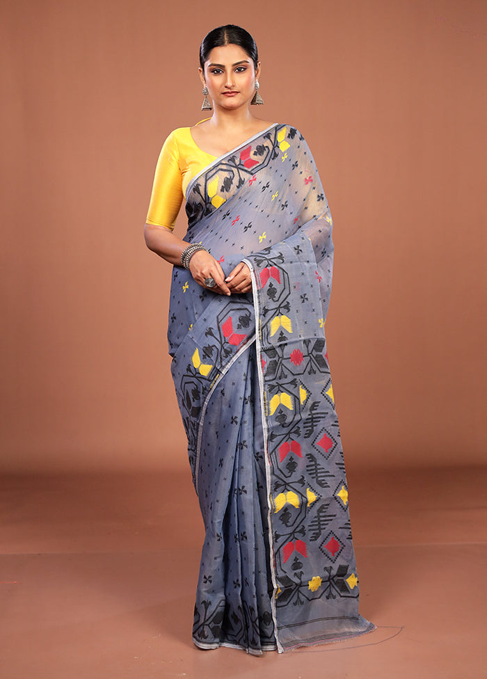 Blue Jamdani Cotton Saree Without Blouse Piece