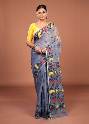 Blue Jamdani Cotton Saree Without Blouse Piece
