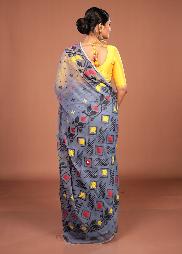 Blue Jamdani Cotton Saree Without Blouse Piece