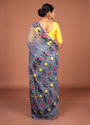 Blue Jamdani Cotton Saree Without Blouse Piece