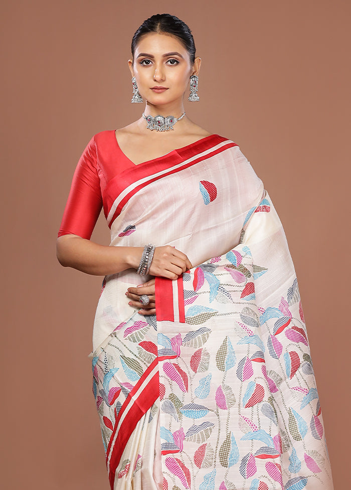 White Printed Pure Silk Saree Without Blouse Piece