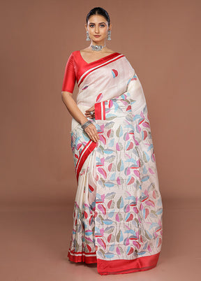 White Printed Pure Silk Saree Without Blouse Piece