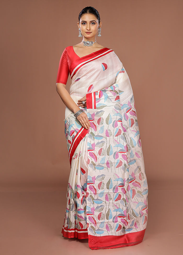 White Printed Pure Silk Saree Without Blouse Piece