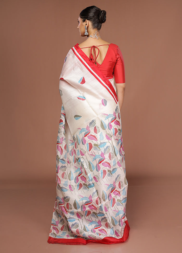White Printed Pure Silk Saree Without Blouse Piece