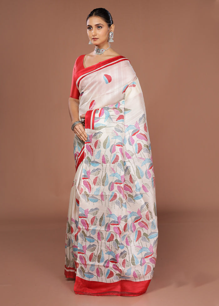 White Printed Pure Silk Saree Without Blouse Piece