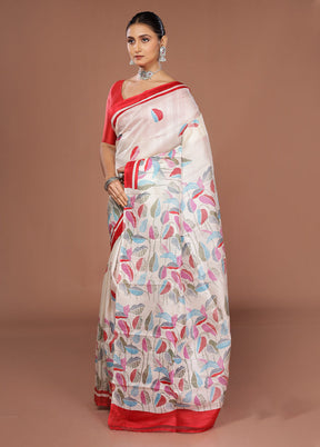 White Printed Pure Silk Saree Without Blouse Piece