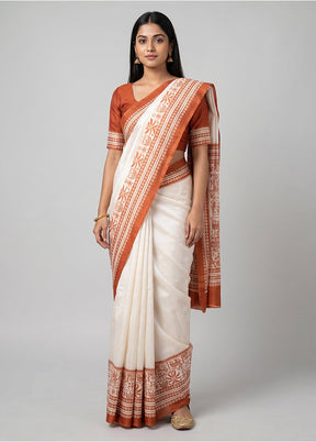 White Printed Silk Saree Without Blouse Piece