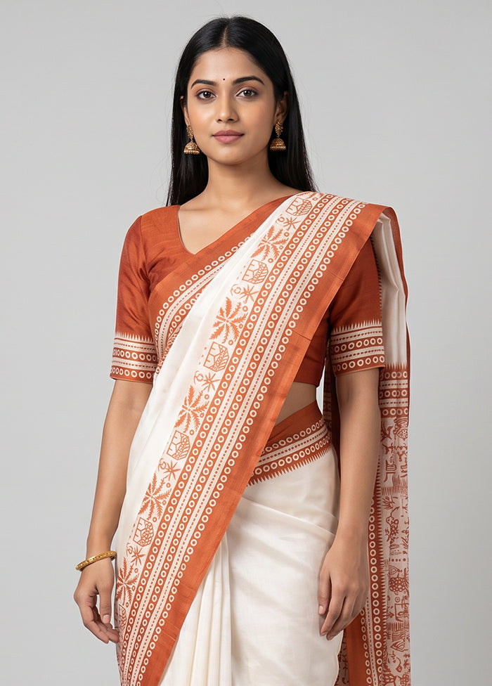 White Printed Silk Saree Without Blouse Piece
