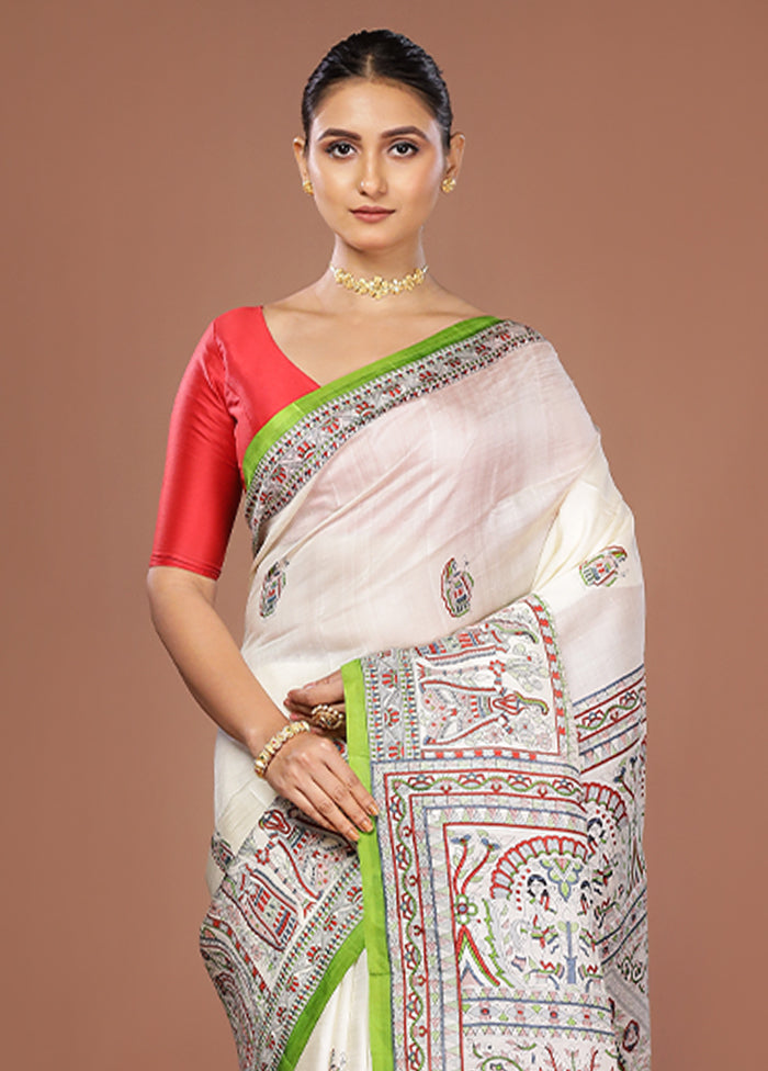 White Printed Silk Saree Without Blouse Piece