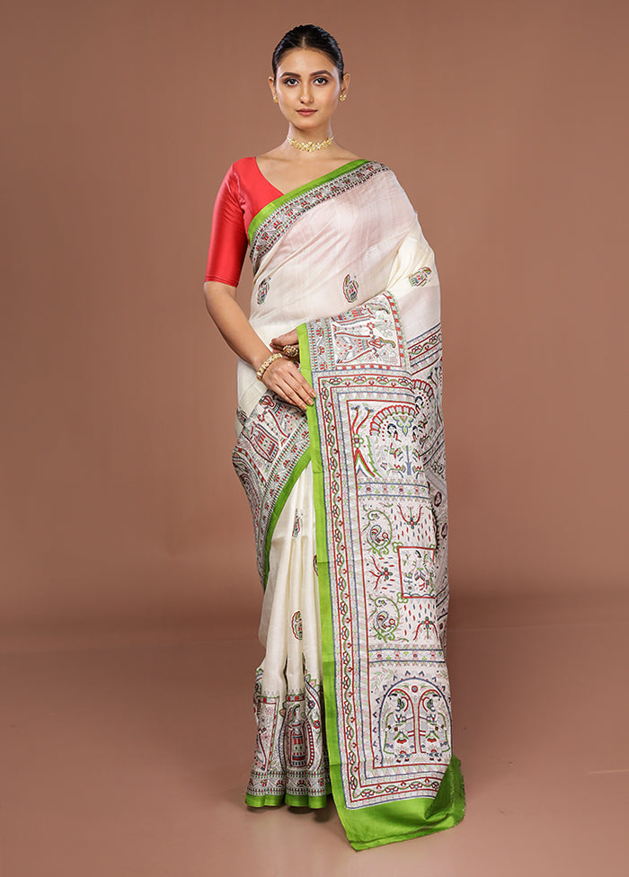 White Printed Silk Saree Without Blouse Piece