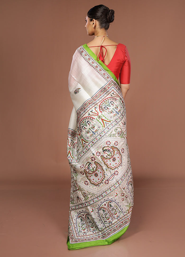 White Printed Silk Saree Without Blouse Piece