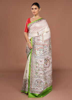 White Printed Silk Saree Without Blouse Piece