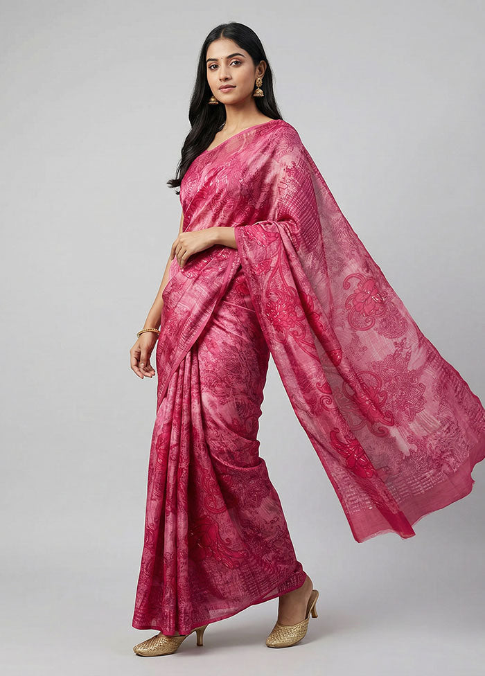 Pink Printed Silk Saree Without Blouse Piece