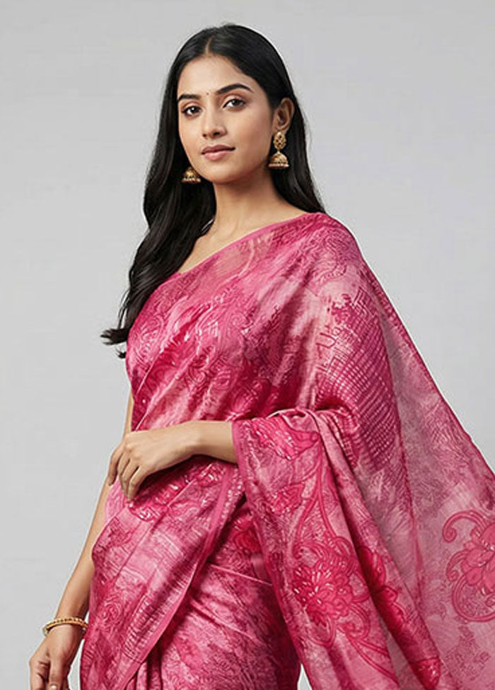 Pink Printed Silk Saree Without Blouse Piece