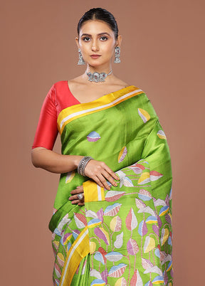 Green Printed Silk Saree Without Blouse Piece