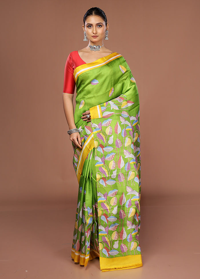 Green Printed Silk Saree Without Blouse Piece